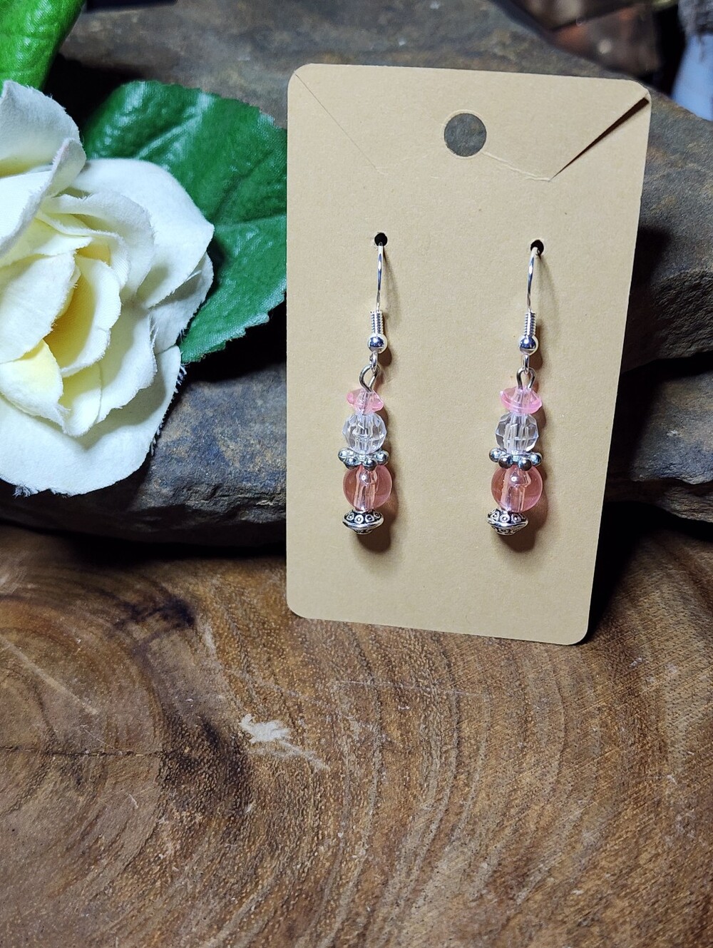 Pink Dangle Drop Hook Earrings With Silver Toned Accents
